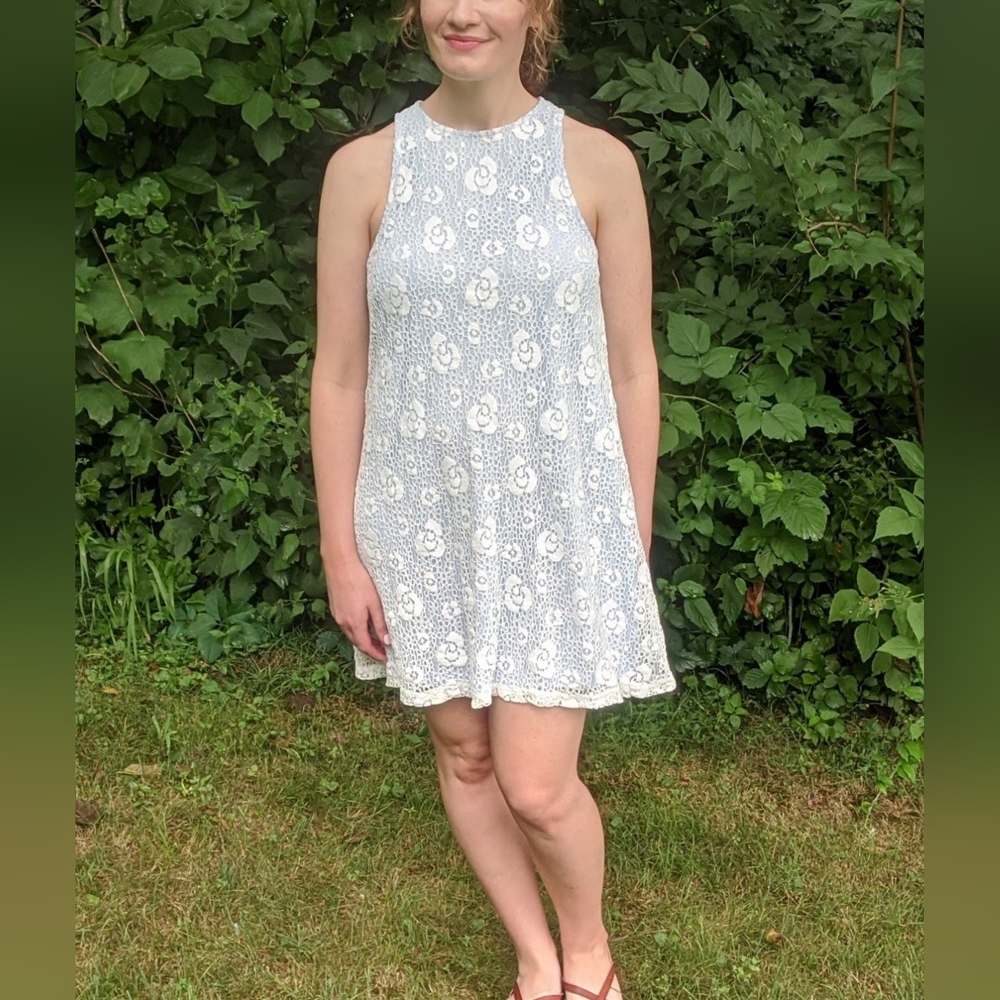 Blue Rain Light Blue White Lace Overlay Dress S